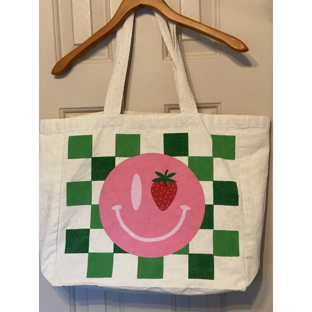 Green White Checker Board Canvas Tote Bag 16x15x6 Pink Smiley Face - Picture 5 of 8